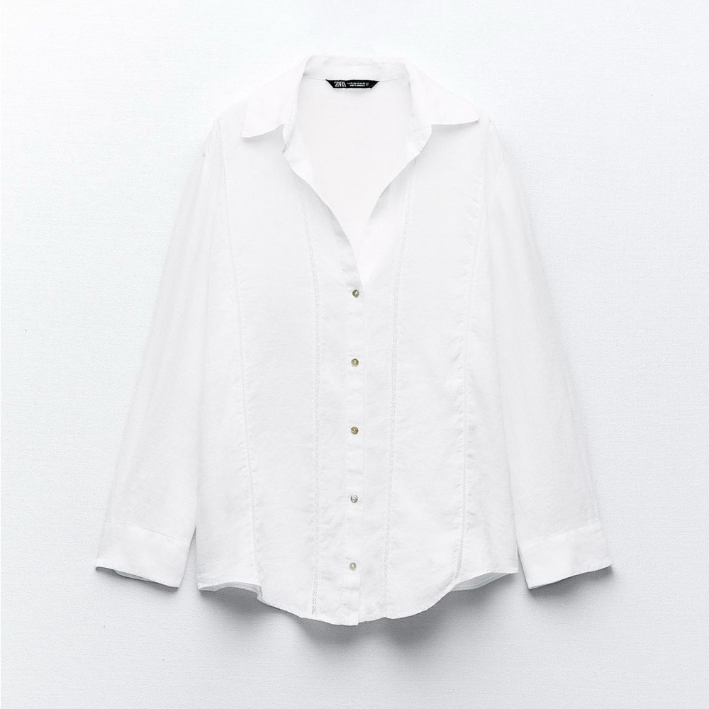 Zara 100% LACE INSERT LINEN SHIRT
